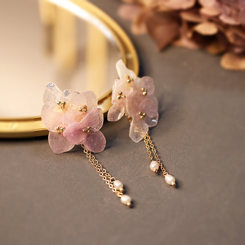 Tiana Layered Pink Hydrangea Drop Earrings