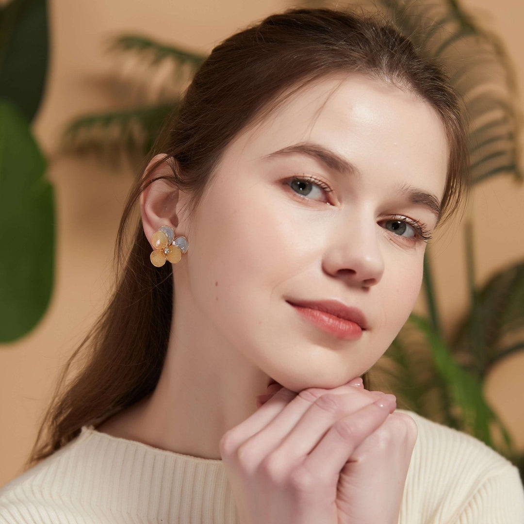 Two-tone Cherry Blossom with Golden Frame Stud Earrings/ Final Sale
