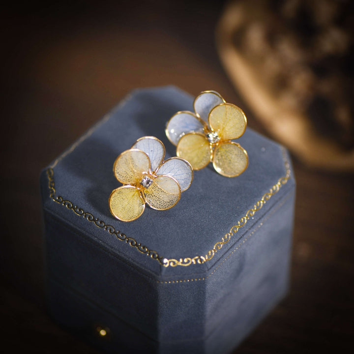 Two-tone Cherry Blossom with Golden Frame Stud Earrings/ Final Sale