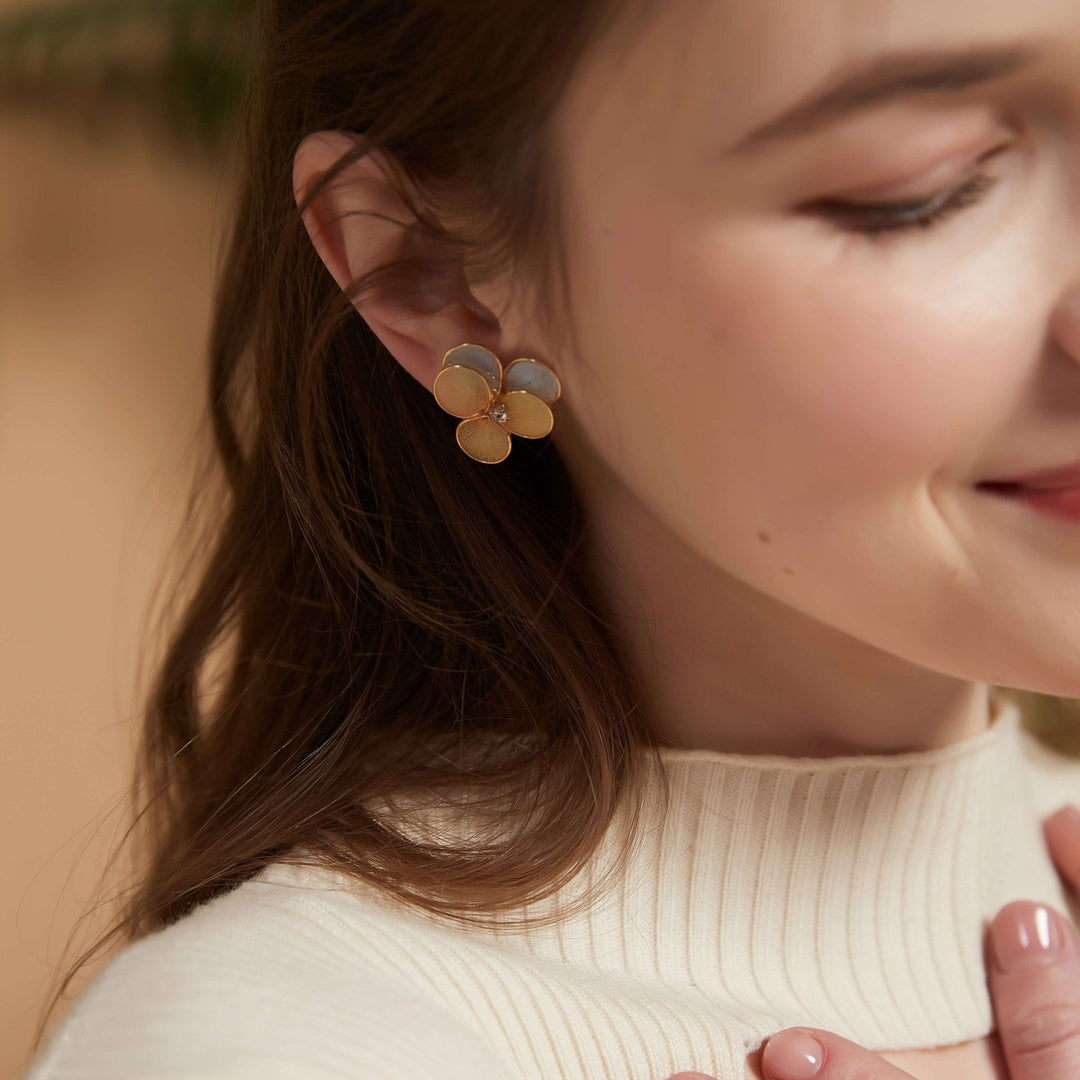 Two-tone Cherry Blossom with Golden Frame Stud Earrings/ Final Sale