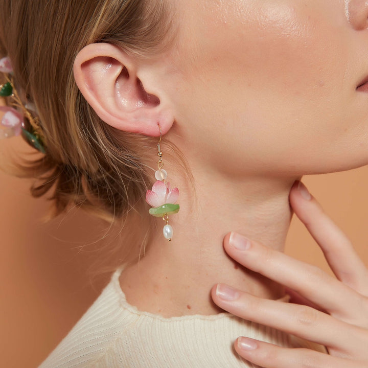 Waterlily Flower Freshwater Pearl Drop Earrings