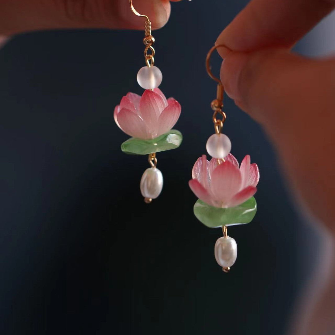 Waterlily Flower Freshwater Pearl Drop Earrings