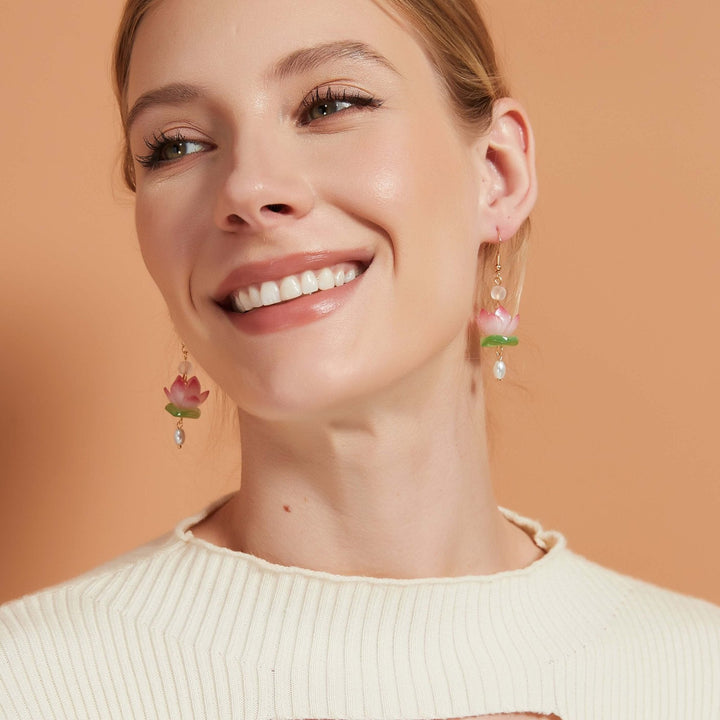 Waterlily Flower Freshwater Pearl Drop Earrings