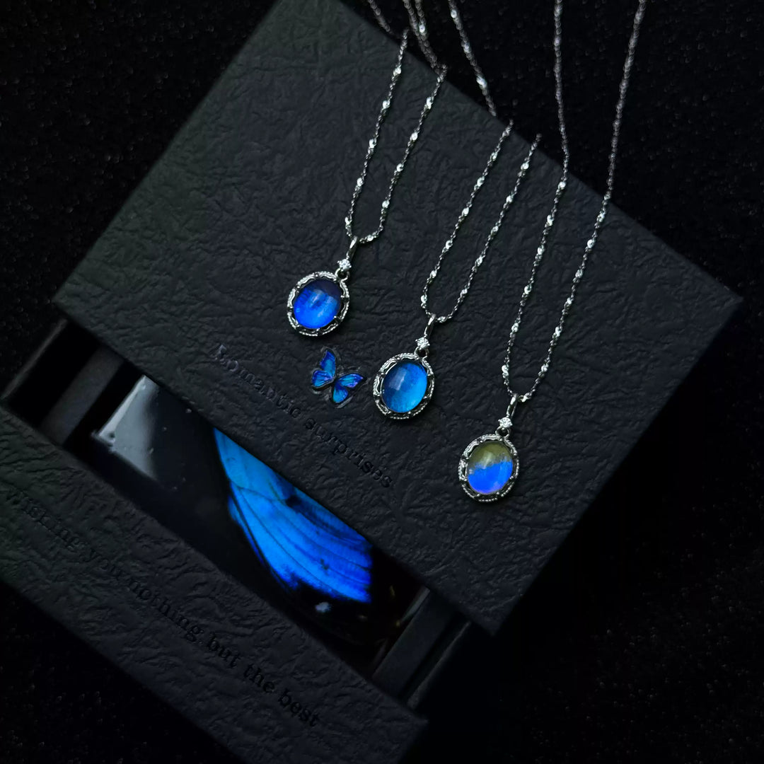 Handmade S925 Sterling Silver Blue Morpho Butterfly Wing Necklace & Bracelet Set - Real Specimen Jewelry
