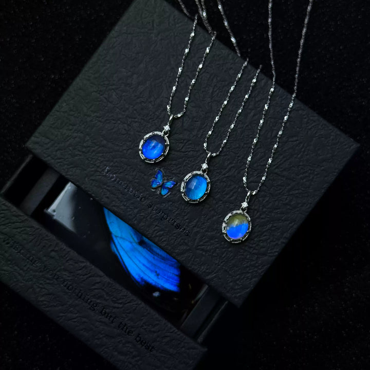 Handmade S925 Sterling Silver Blue Morpho Butterfly Wing Necklace & Bracelet Set - Real Specimen Jewelry