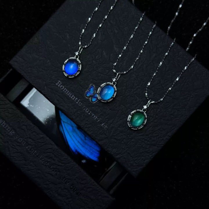 Handmade S925 Sterling Silver Blue Morpho Butterfly Wing Necklace & Bracelet Set - Real Specimen Jewelry