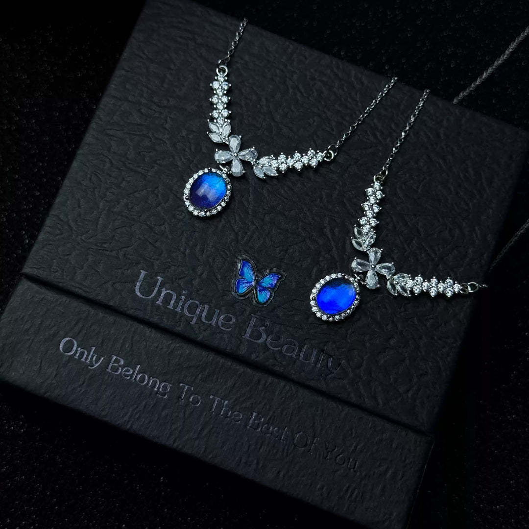 Real Blue Morpho Butterfly Wing Necklace & Bracelet Set - Unique Handmade Gift for Her