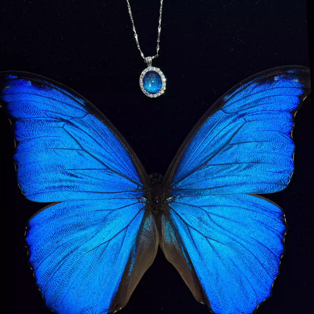 Real Blue Morpho Butterfly Wing Necklace in S925 Sterling Silver - Unique Handmade Specimen Pendant, Niche Aesthetic Jewelry, Birthday Gift for Bestie & Couples