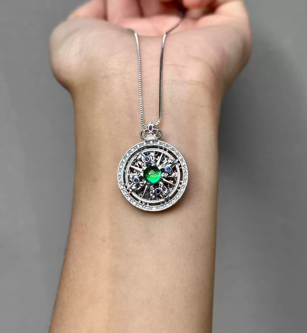 The Rotating Crown Horse Real Jewel Beetle Wing Spinner Necklace - Handmade Kinetic Nature Art - Iridescent Green Luxury Pendant