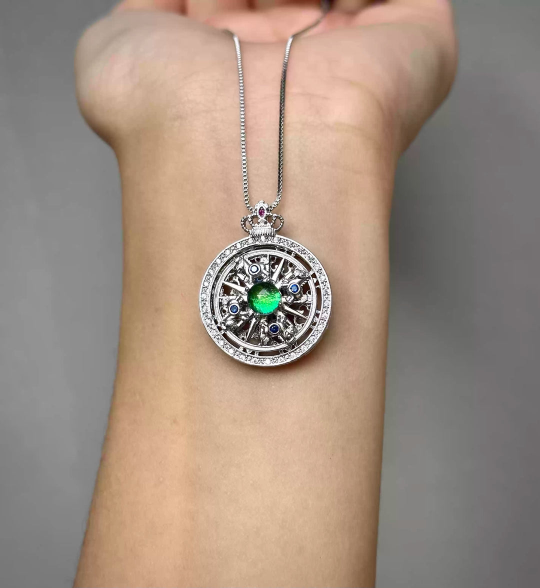 The Rotating Crown Horse Real Jewel Beetle Wing Spinner Necklace - Handmade Kinetic Nature Art - Iridescent Green Luxury Pendant