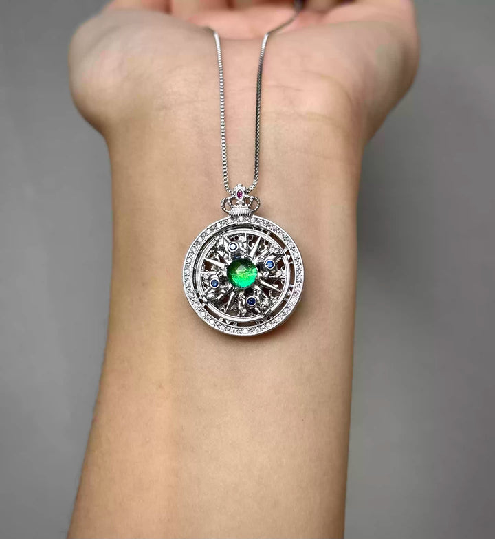 The Rotating Crown Horse Real Jewel Beetle Wing Spinner Necklace - Handmade Kinetic Nature Art - Iridescent Green Luxury Pendant