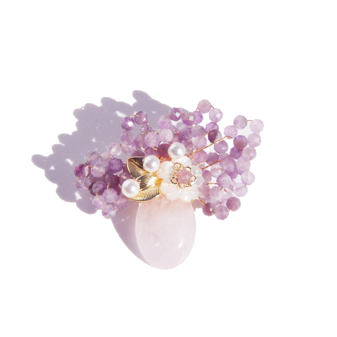 Amethystblumen in Rosenquarzvase Brosche / Schlussverkauf