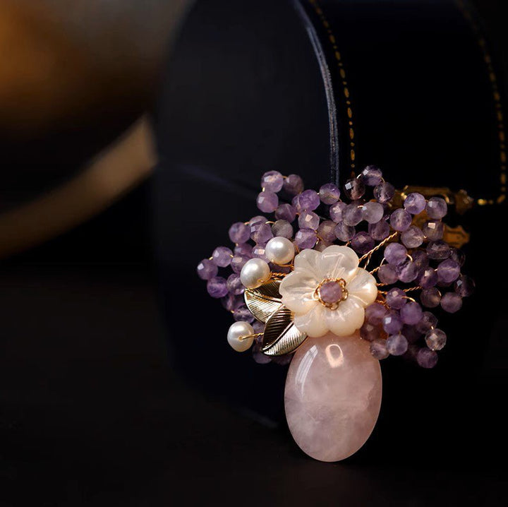 Amethystblumen in Rosenquarzvase Brosche / Schlussverkauf