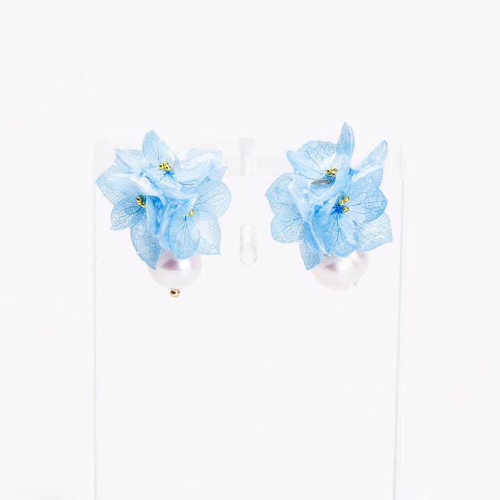 Blue Hydrangea Pearl Stud Earrings