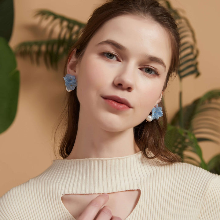 Blue Hydrangea Pearl Stud Earrings