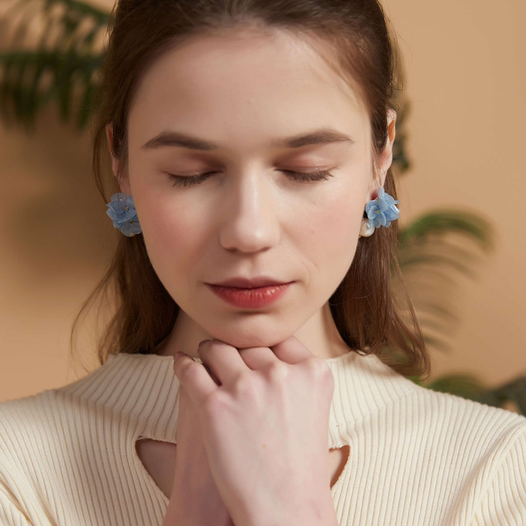 Blue Hydrangea Pearl Stud Earrings