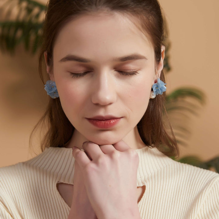 Blue Hydrangea Pearl Stud Earrings