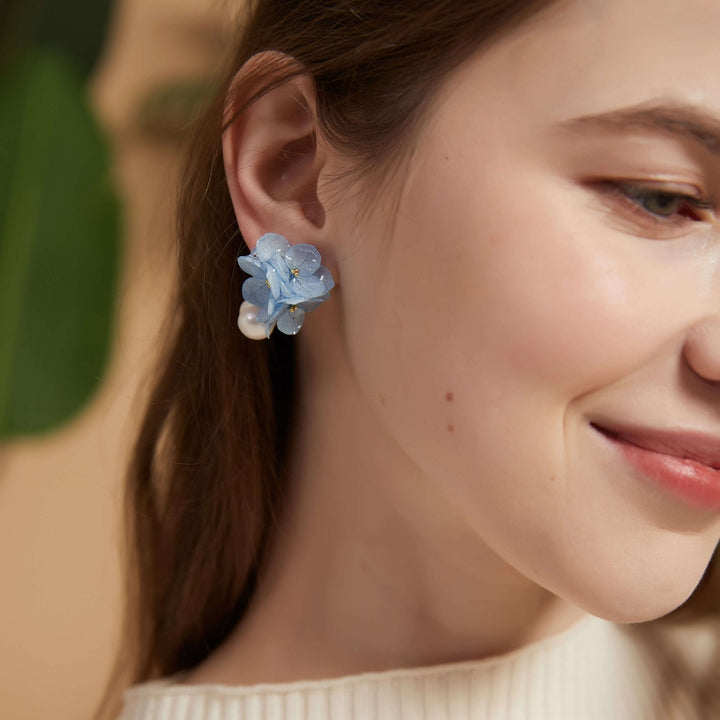Blue Hydrangea Pearl Stud Earrings