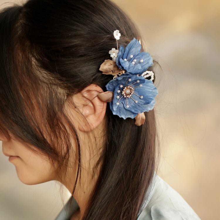 Blue Orchid Rose Pearl Stamen Hair Clip