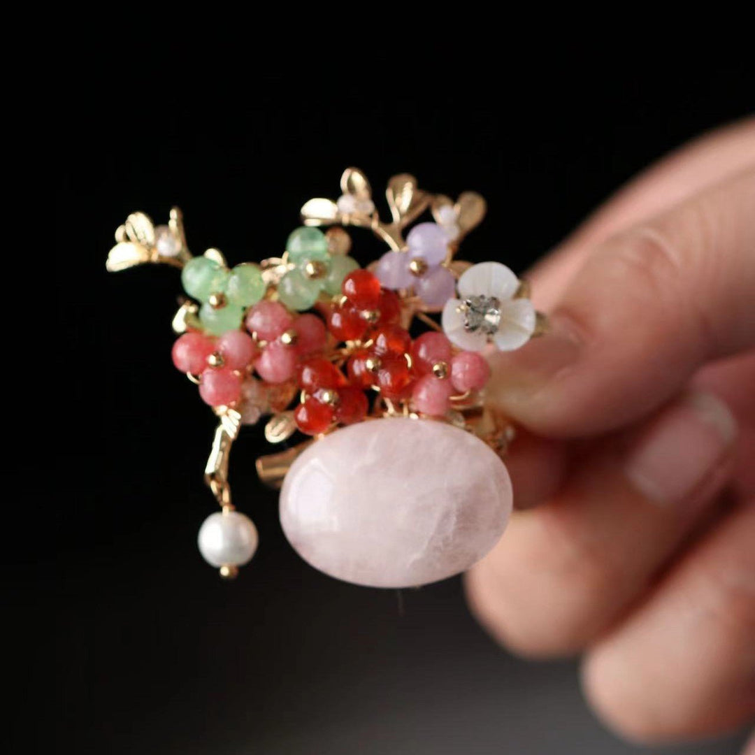 Crystal Flower Rose Quartz Brooch/ Final Sale