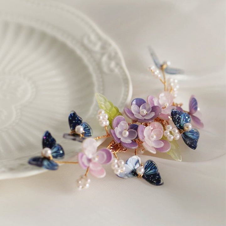 Dianella Purple Flower Blue Butterfly Hairpin