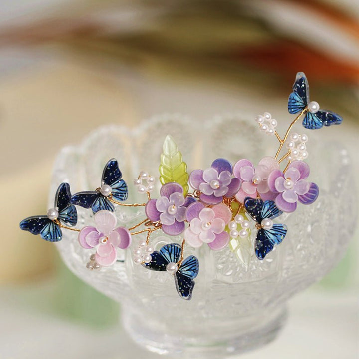 Dianella Purple Flower Blue Butterfly Hairpin