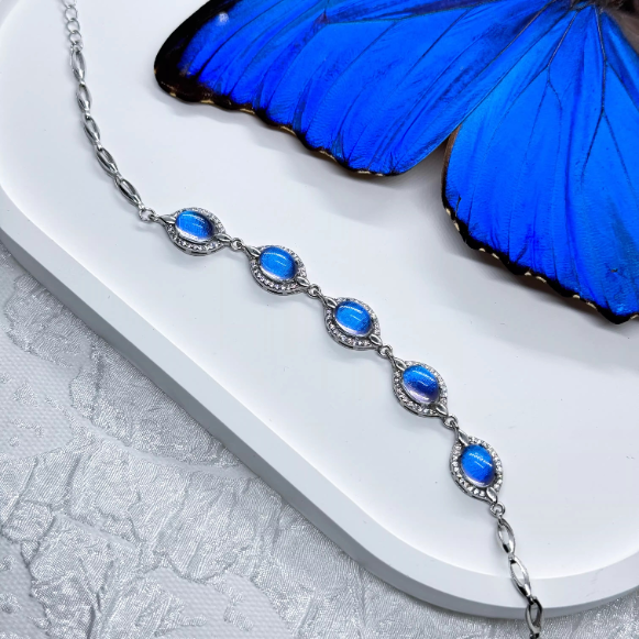 Eternal Blue Genuine Blue Morpho Butterfly Wing Specimen Bracelet in S925 Sterling Silver