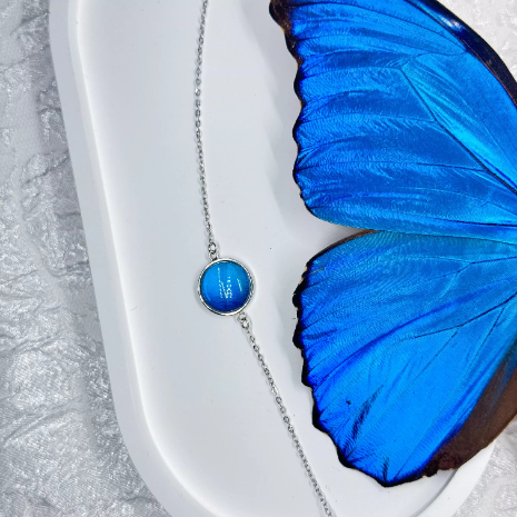 Eternal Blue Genuine Blue Morpho Butterfly Wing Specimen Bracelet in S925 Sterling Silver
