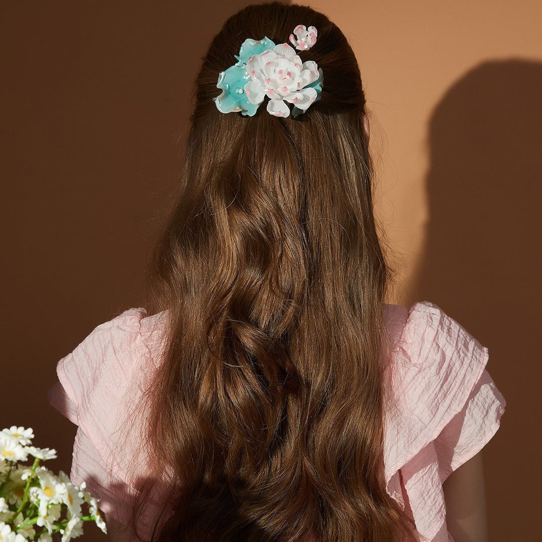 Große Haarspange mit Seerosen- und Lotusteich