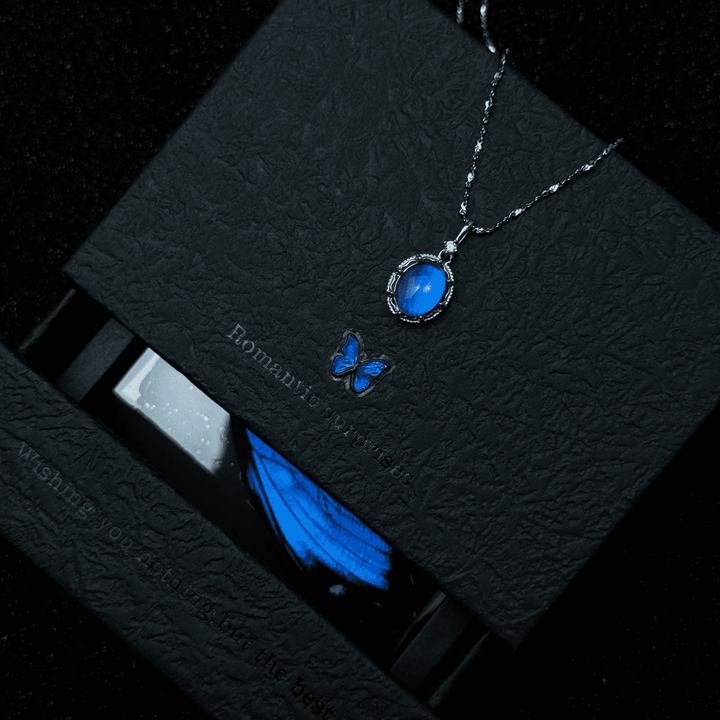 Handmade S925 Sterling Silver Blue Morpho Butterfly Wing Necklace & Bracelet Set - Real Specimen Jewelry