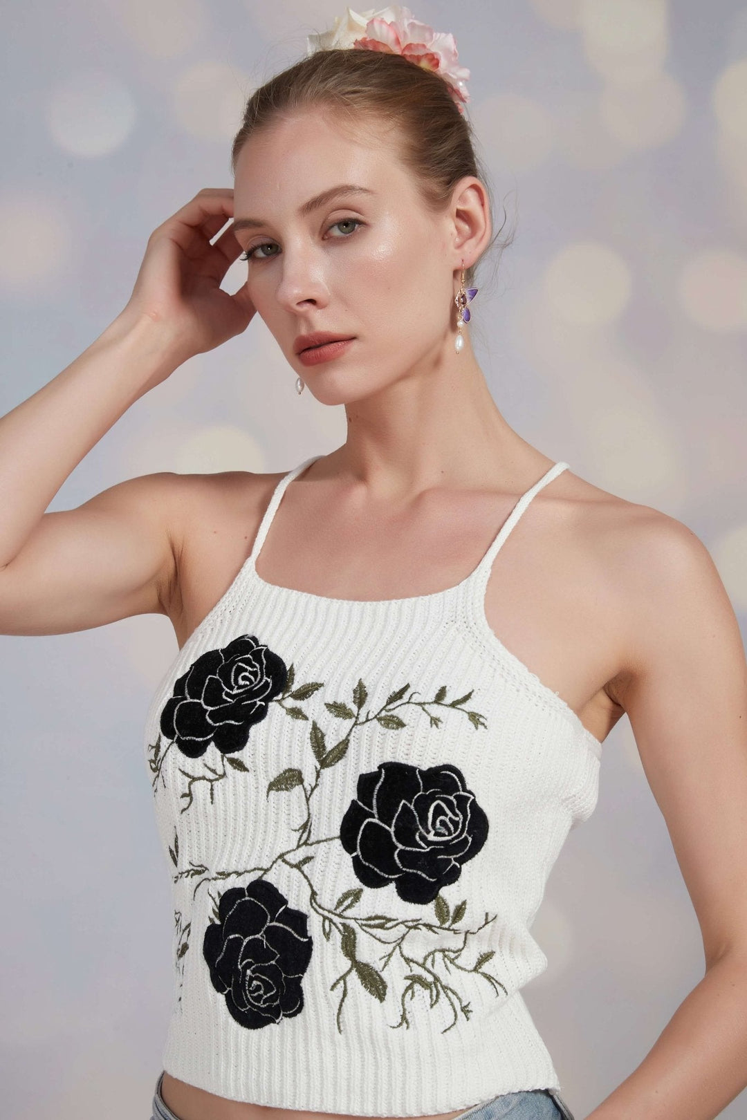 Midnight Rose Bloom Embroidered Tank