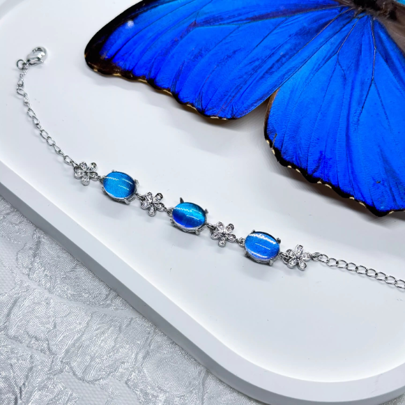 Eternal Blue Genuine Blue Morpho Butterfly Wing Specimen Bracelet in S925 Sterling Silver