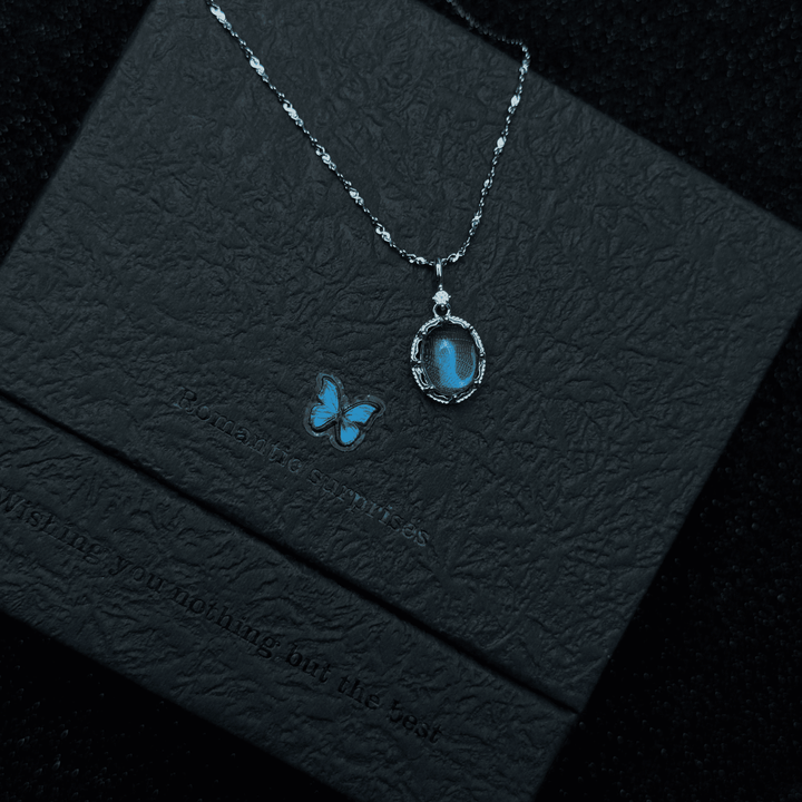 Handmade S925 Sterling Silver Blue Morpho Butterfly Wing Necklace & Bracelet Set - Real Specimen Jewelry