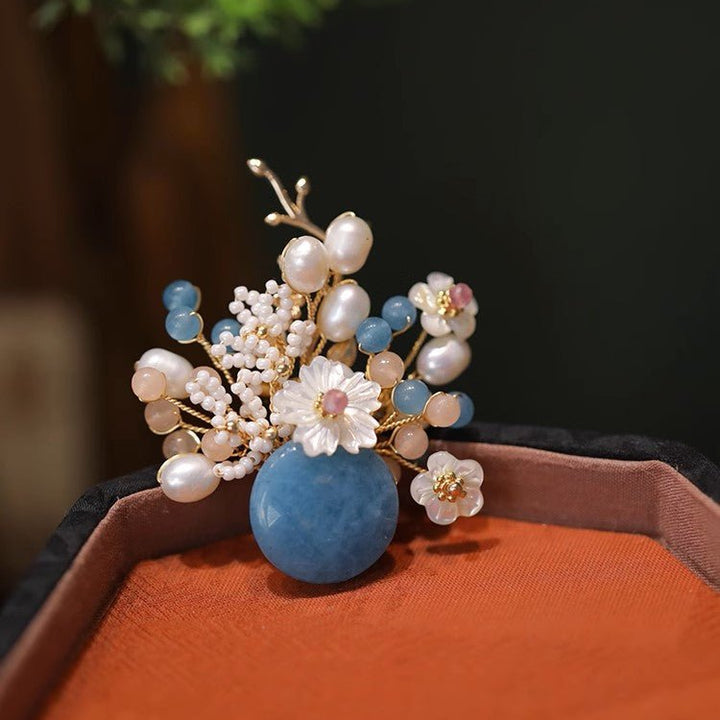 Pearl Flowers In the Aquamarine Vase Brooch/ Final Sale