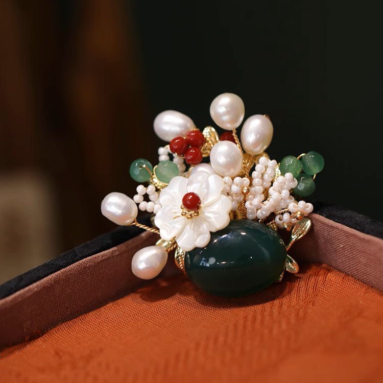 Pearl Flowers In the Emerald Quartz Vase Brooch/ Final Sale