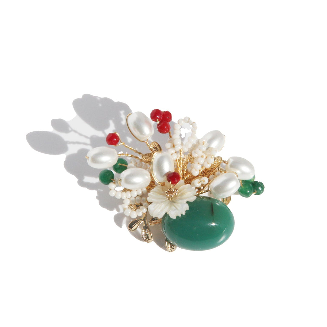 Pearl Flowers In the Emerald Quartz Vase Brooch/ Final Sale