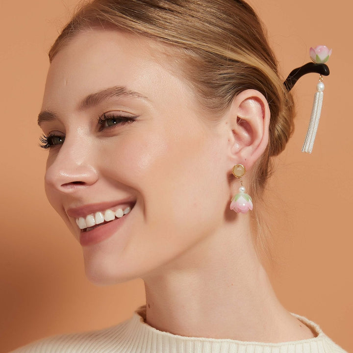 Pink Camellia Flower Buds Drop Earrings
