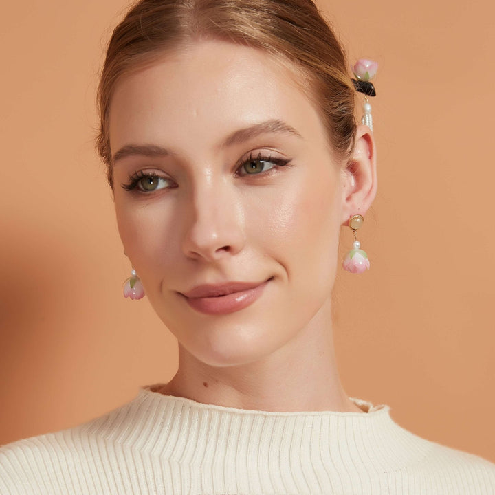 Pink Camellia Flower Buds Drop Earrings