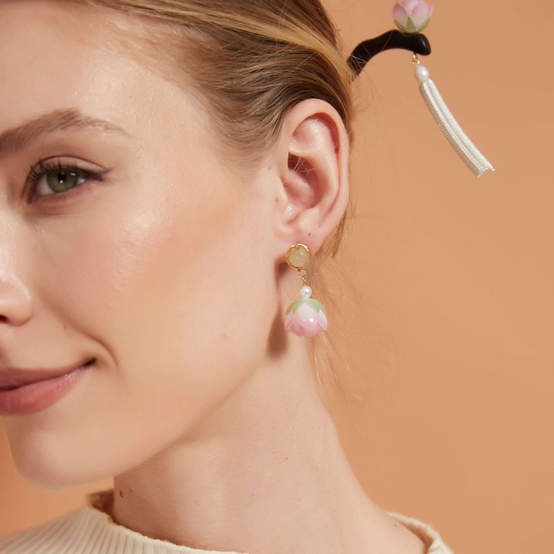 Pink Camellia Flower Buds Drop Earrings