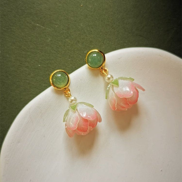 Pink Camellia Flower Buds Drop Earrings