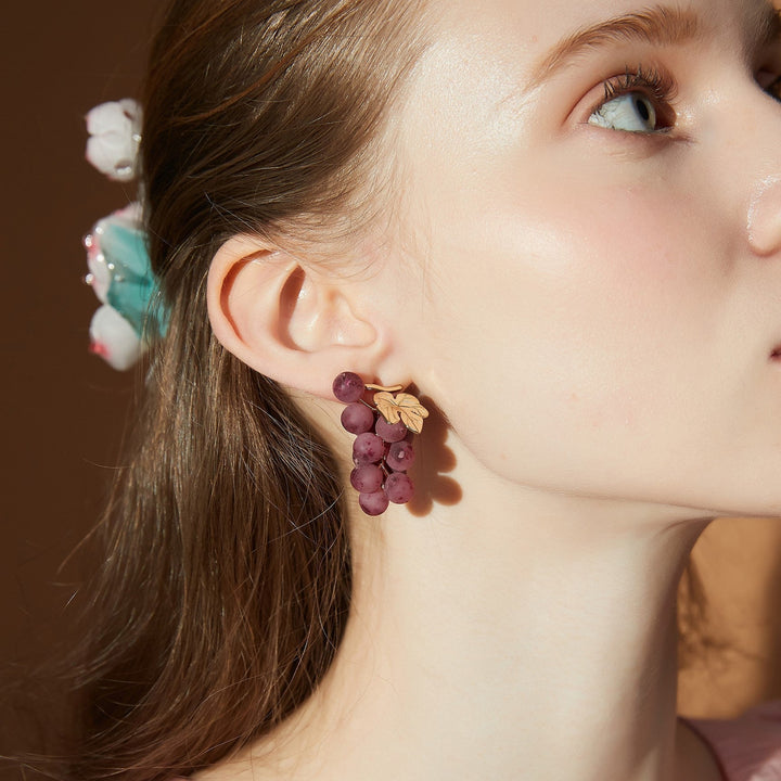 Purple Grape Golden Leaves Stud Earrings