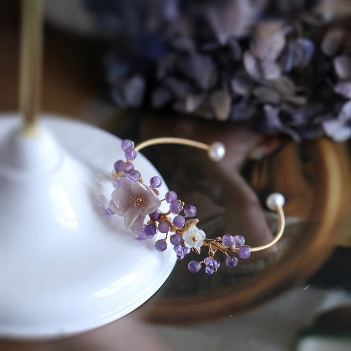 Purple Hydrangea Flowers Crystal Bangle Bracelet
