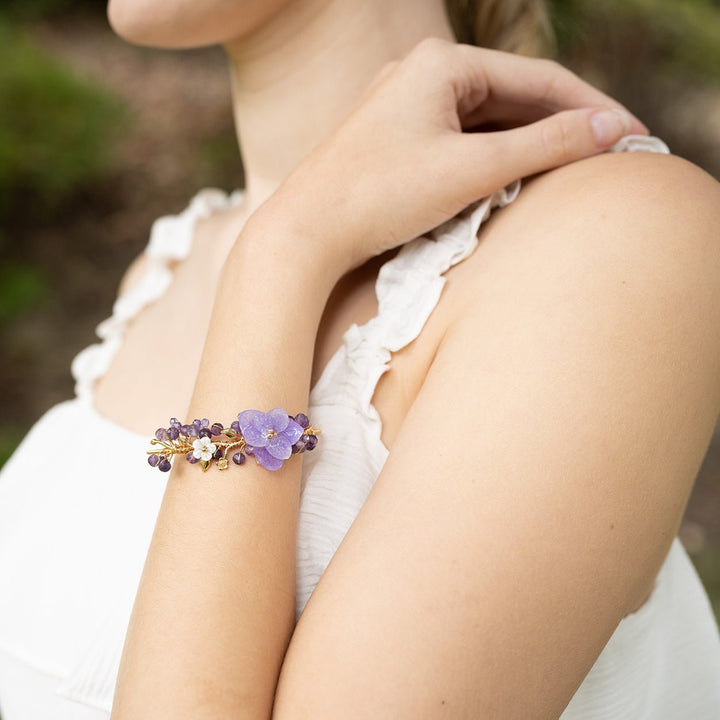 Purple Hydrangea Flowers Crystal Bangle Bracelet