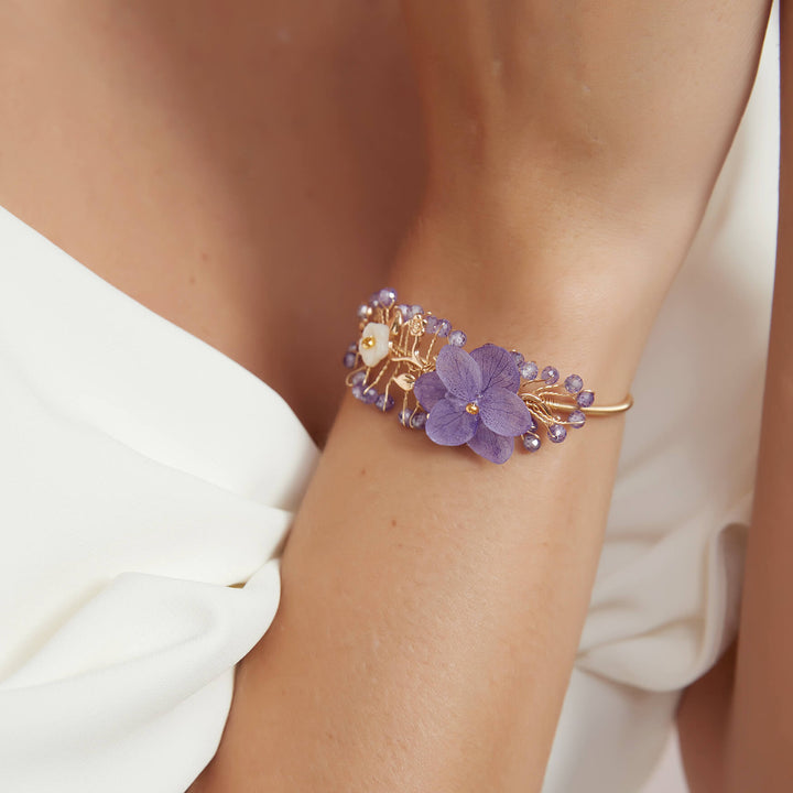 Purple Hydrangea Flowers Crystal Bangle Bracelet