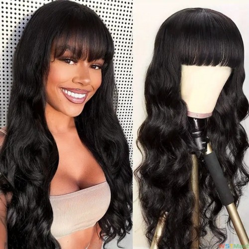 Body Wave Human Hair Wigs With Bangs Full Machine Made Human Hair Wigs For Women Girls Natural Color