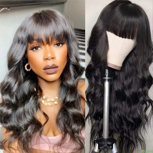 Body Wave Human Hair Wigs With Bangs Full Machine Made Human Hair Wigs For Women Girls Natural Color
