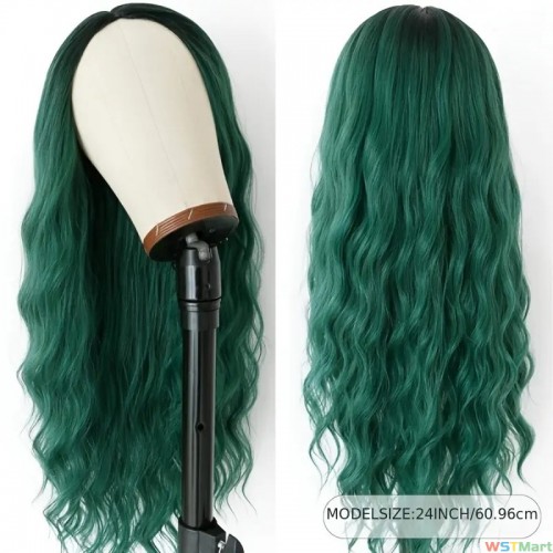 24 Inch Green Wigs Loose Wave Curly Wig For Women Synthetic Fiber Hair No Lace Full Machine Made Glueless Long Dark Root Ombre Green Wavy Wig