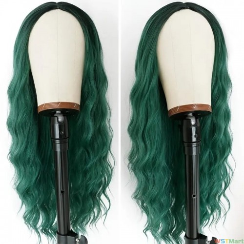 24 Inch Green Wigs Loose Wave Curly Wig For Women Synthetic Fiber Hair No Lace Full Machine Made Glueless Long Dark Root Ombre Green Wavy Wig