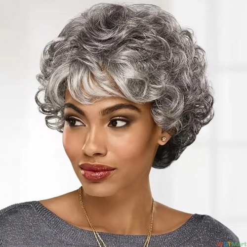 6 Inch Short Curly Wavy Blonde Black And Grey Wigs For Women Natural Looking Synthetic Hair Replacement Wig