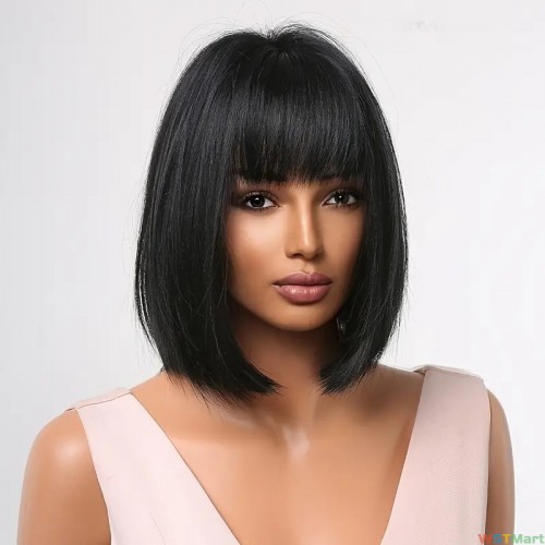 Synthetic Short Straight Wigs For Women Black Pink Yellow And Green Bobo Wigs With Bangs Heat Resistant 8 Inch